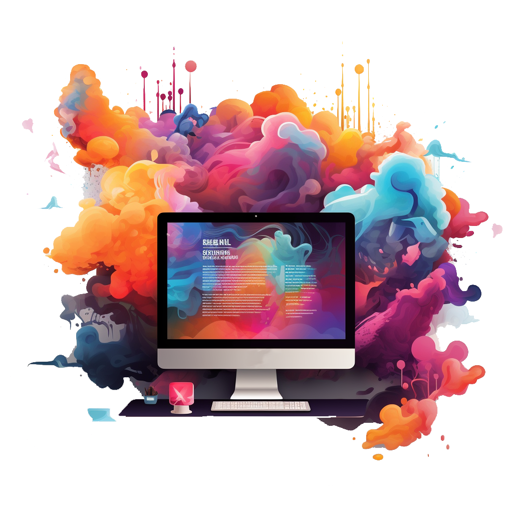 zdjęcie artystyczne przedstawia proces tworzenia stron internetowych. Na ekranie komputera widoczny jest tekst, a w około niego piękna barwna chmura kolorów